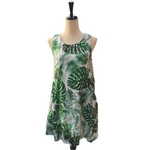 Tahari 100% Linen Botanical Monstera Mini Shift Dress Small Sleeveless Pockets